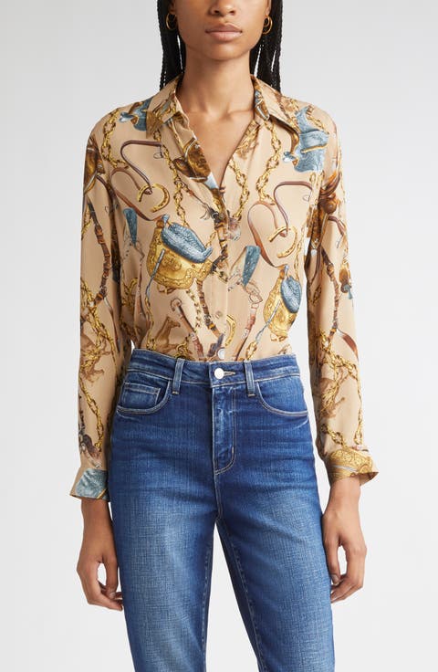 Nina Chain Print Silk Button-Up Shirt