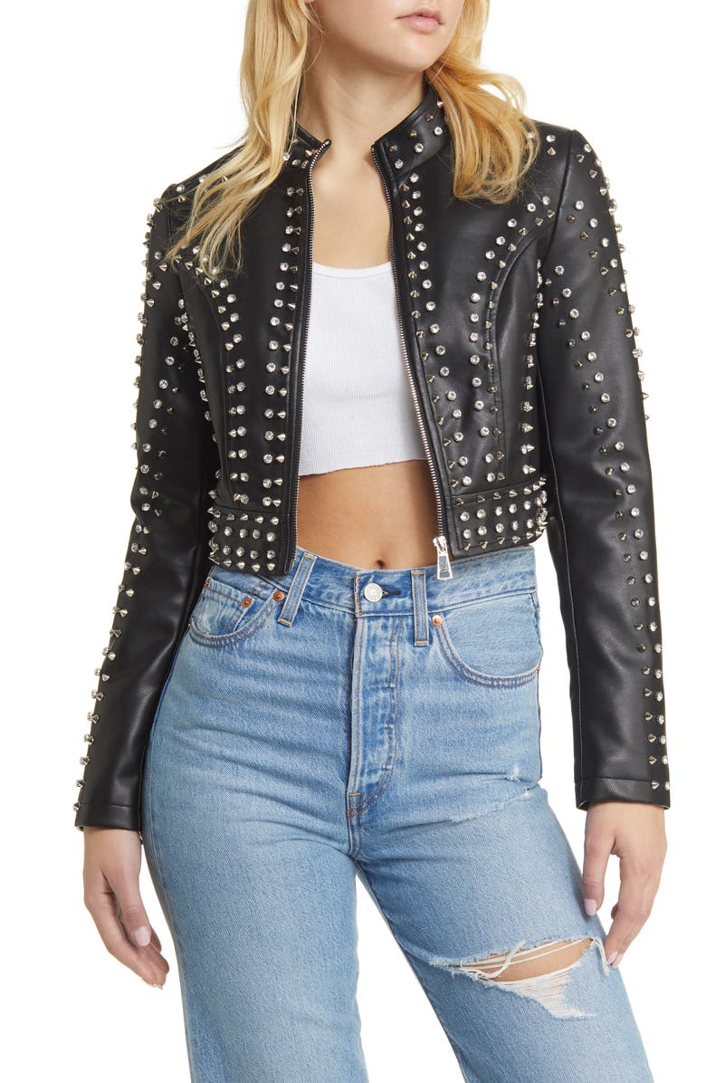 AZALEA WANG Studded Faux Leather Moto Jacket, Main, color, 