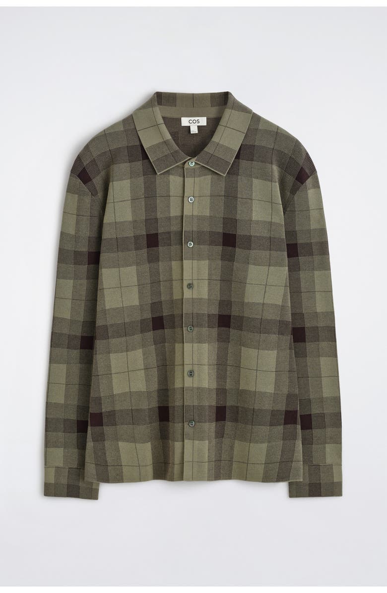 COS Relaxed Knitted Cotton Shirt, Alternate, color, Khaki / Checked