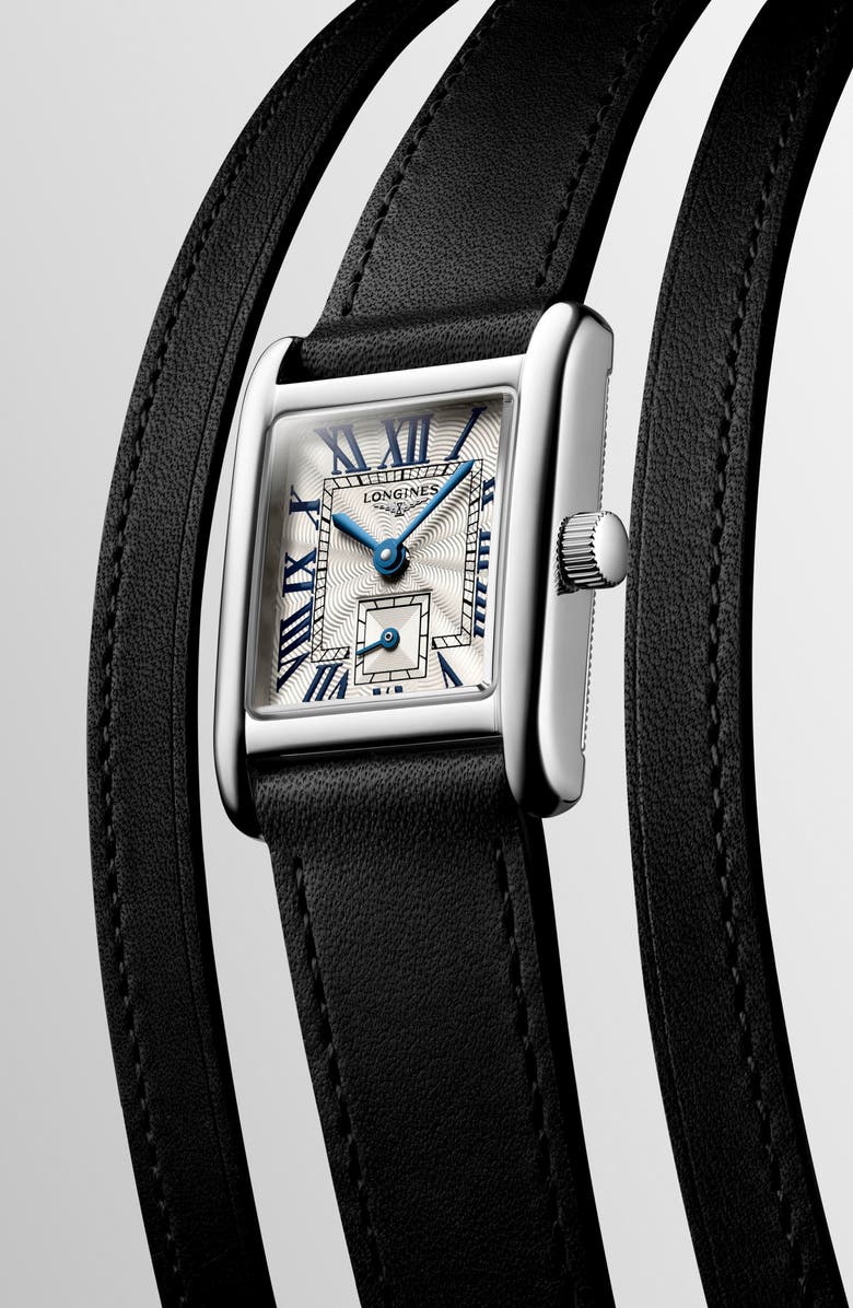 Longines Mini DolceVita Three-Row Black Leather Strap Watch, 21.5mm x 29mm, Alternate, color, Silver