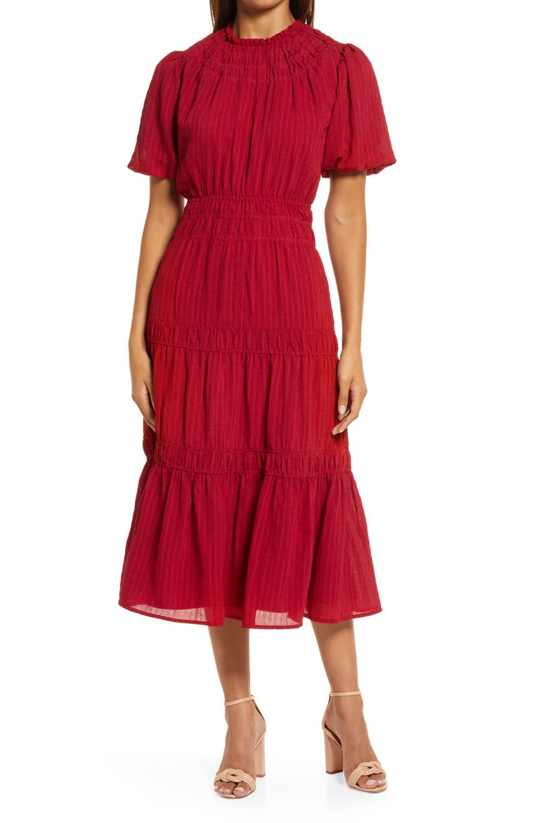 Vero Texutred Smock Detail Midi Dress, Main, color, CHERRY