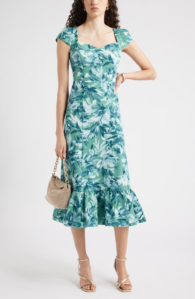 Chelsea28 Sweetheart Neckline Cap Sleeve Midi Dress, Alternate, color, Green Allison Bloom