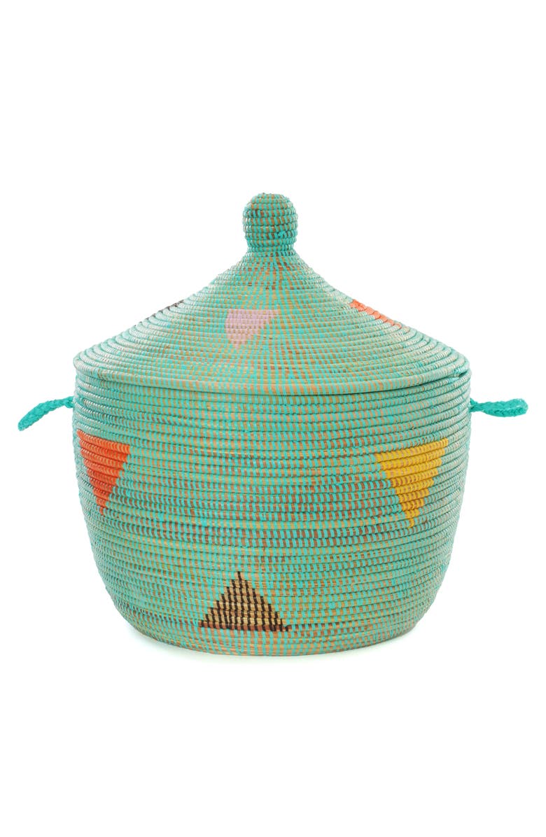 African Modern Aqua Teranga Triangles Lidded Storage Basket, Main, color, Aqua
