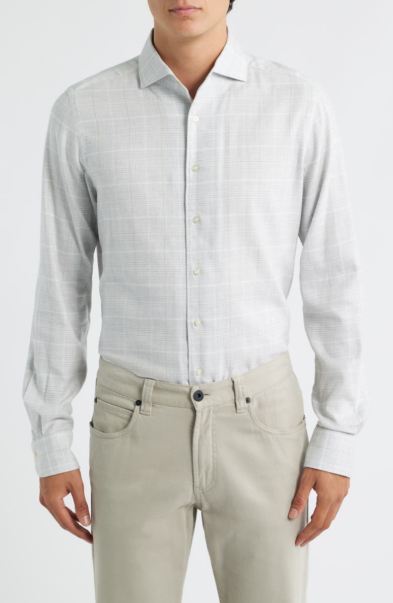 Emanuel Berg Modern Fit Glen Check Brushed Cotton & Lyocell Dress Shirt, Main, color, Light Grey