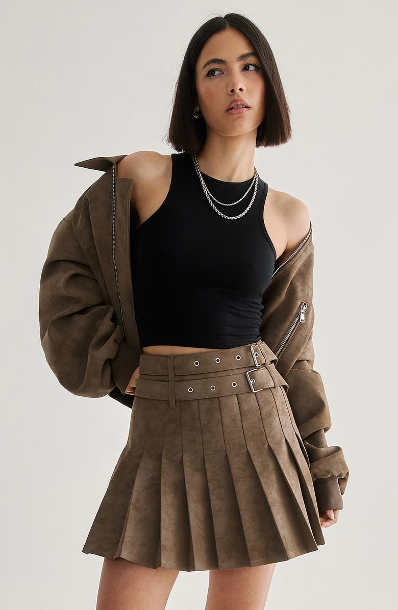 NASTY GAL Belted Pleated Faux Leather Miniskirt, Alternate, color, Brown
