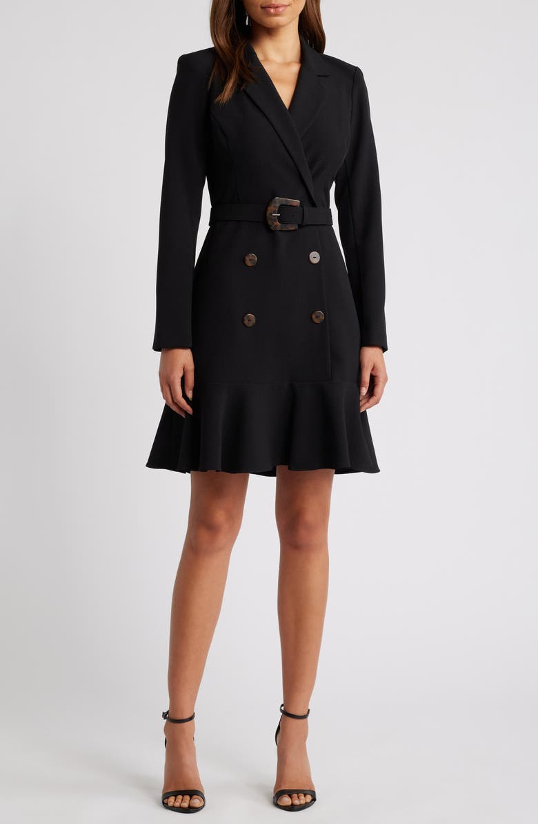 Eliza J Long Sleeve Belted Blazer Dress, Main, color, Black