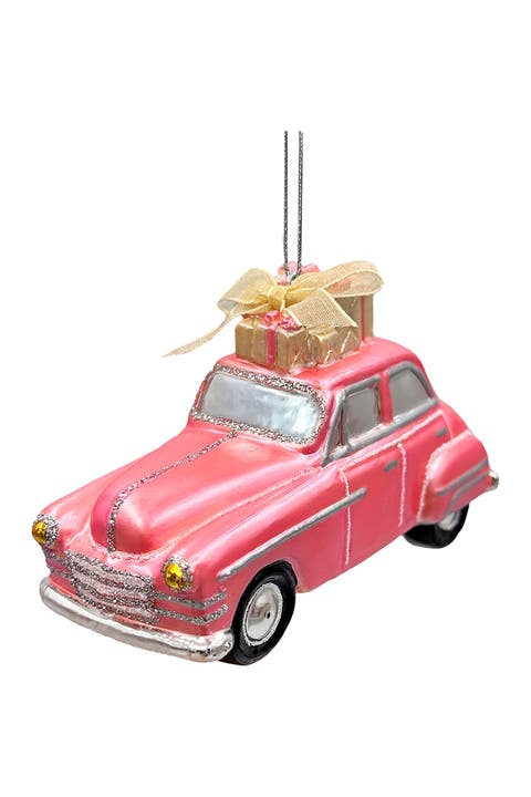 Vintage Pink Car With Gifts Glass Ornament