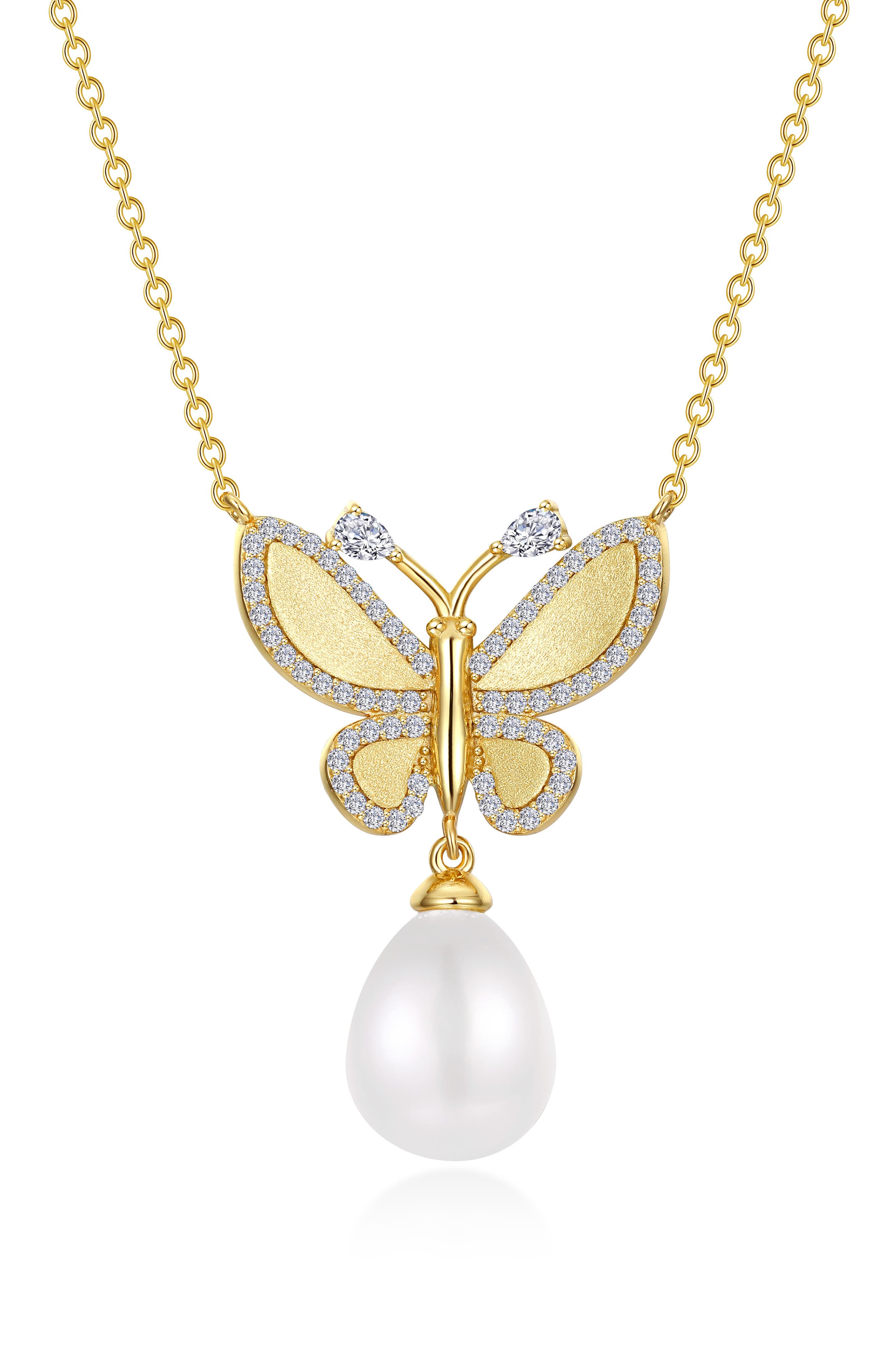 Butterfly Lab Grown Diamond & Imitation Pearl Pendant Necklace