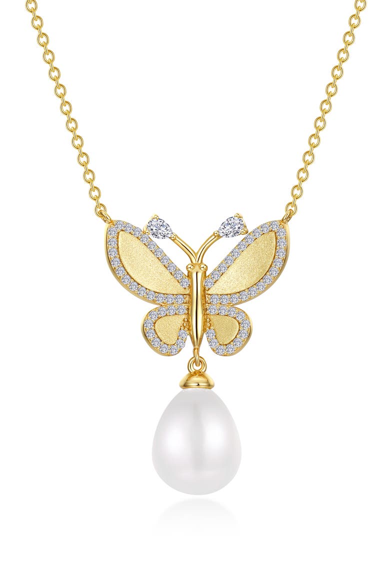 Butterfly Lab Grown Diamond & Imitation Pearl Pendant Necklace, Main, color, WHITE GOLD