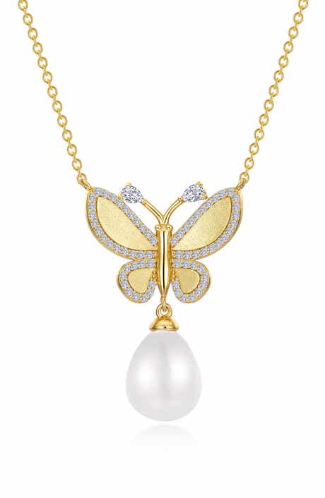 Butterfly Lab Grown Diamond & Imitation Pearl Pendant Necklace