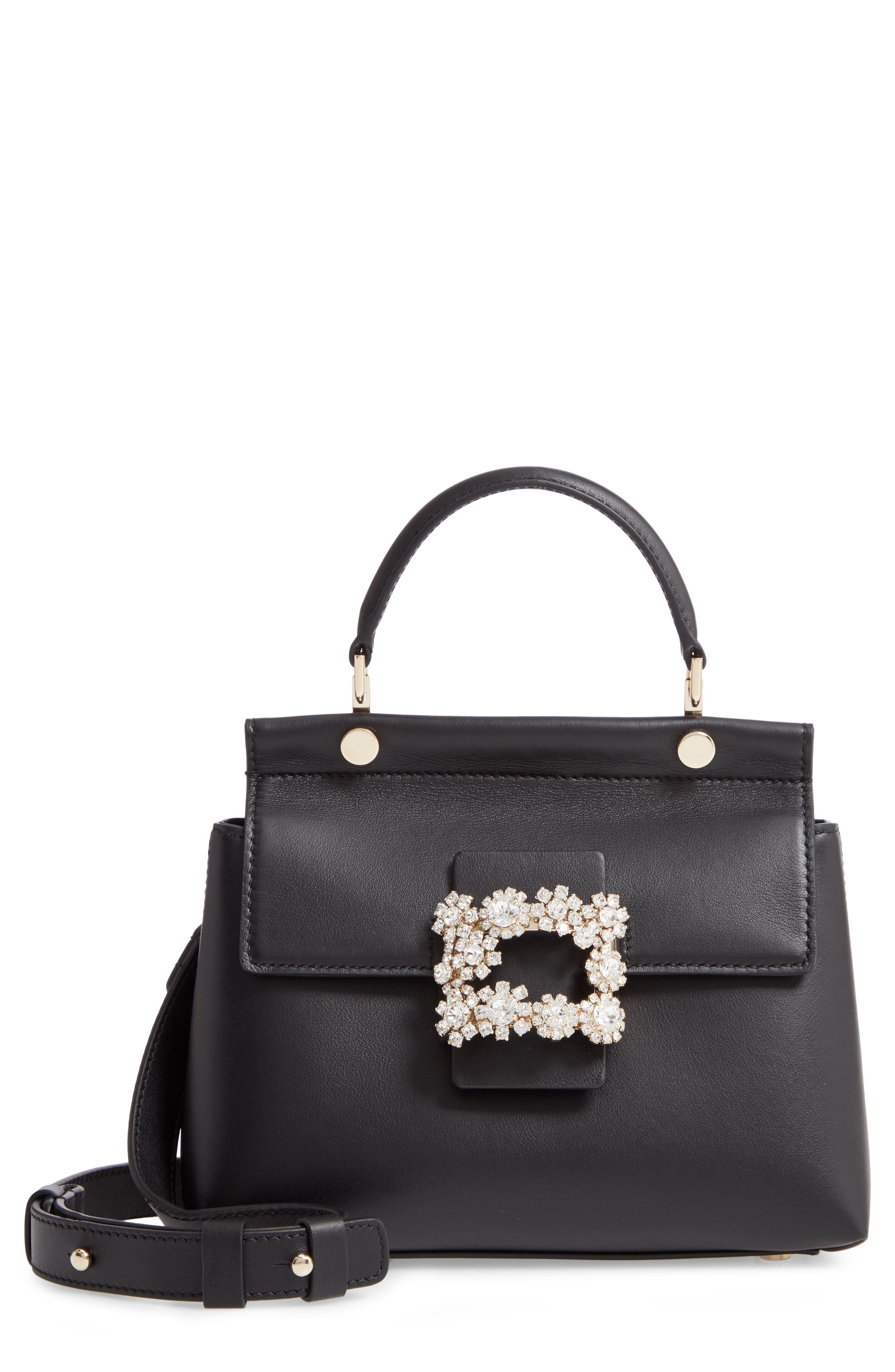 Roger Vivier Strass Flower Buckle Calfskin Top Handle Satchel, Main, color, 