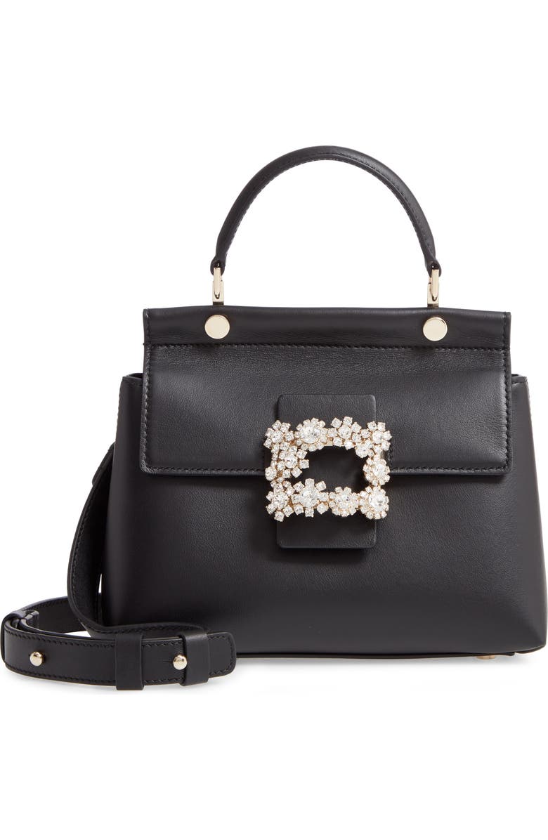 Roger Vivier Strass Flower Buckle Calfskin Top Handle Satchel, Main, color,