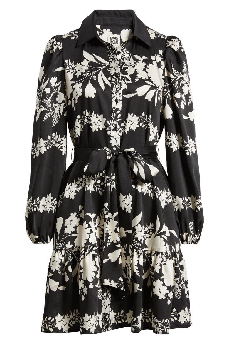 Floral Long Sleeve Tiered Shirtdress, Alternate, color, ANNE BLACK/ SWAN WHITE