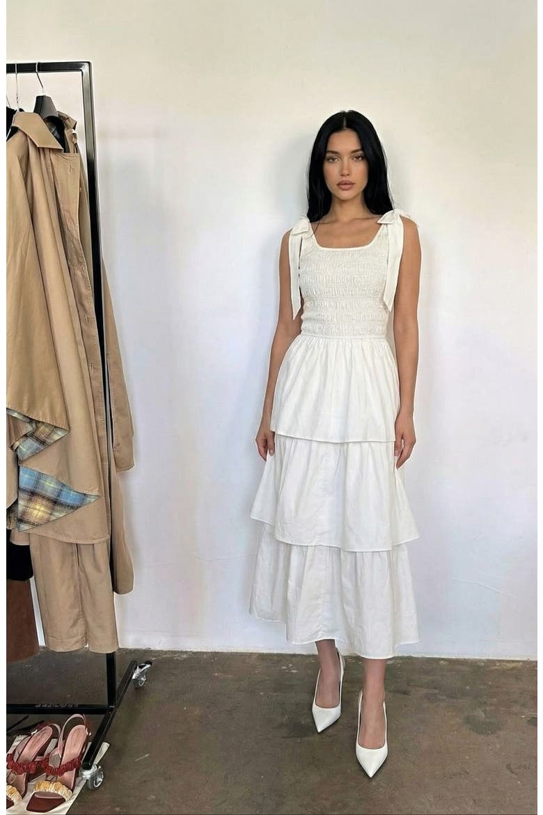 Tiered Smocked Bow-Tie Strap Midi Dress, Alternate, color, Cream