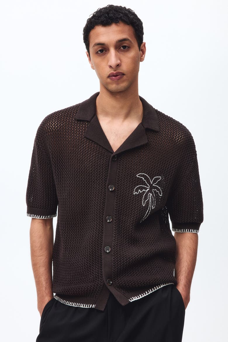 Relaxed Fit Hole-knit Resort Shirt, Main, color, Dark brown/palm tree