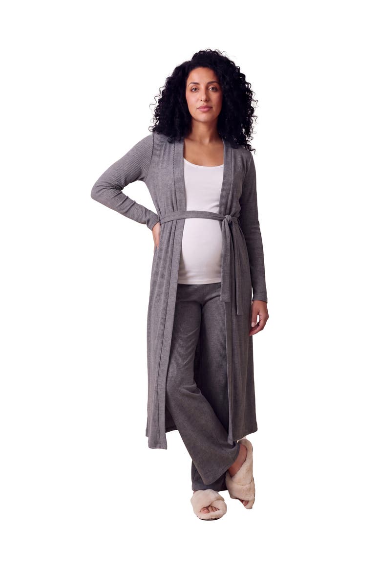 Maternity Basic Long Sleeve Tie Waist Soft Jacket and Elastic Waist Wide Leg Pant Set, Main, color, Smoke