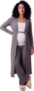 24seven Comfort Apparel Maternity Basic Long Sleeve Tie Waist Soft Jacket and Elastic Waist Wide Leg Pant Set