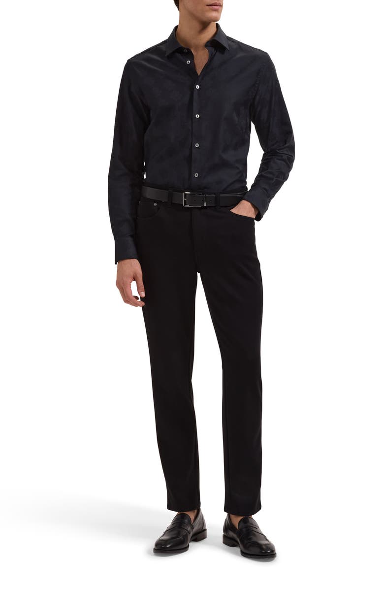 Bugatchi Julian Shaped Fit Black Stretch Cotton Jacquard Button-Up Shirt, Alternate, color, Black