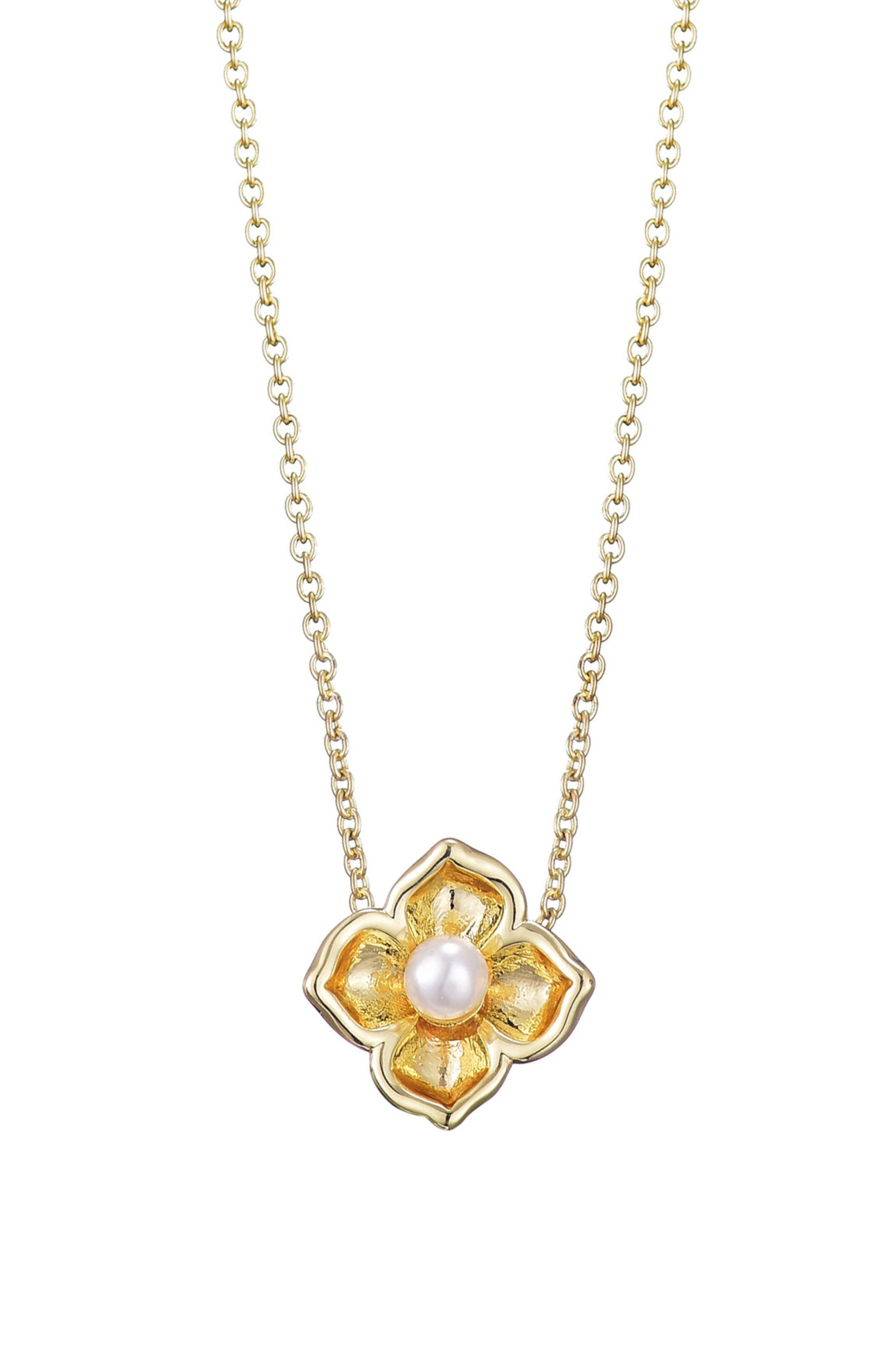 Adornia Flower Encased Pearl Pendant Necklace