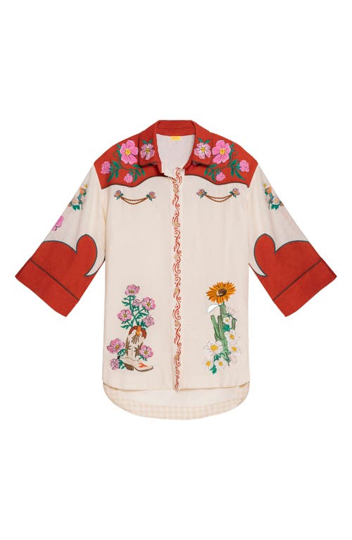 Shop Agua Bendita Chrissy Nopal Embroidered Cover-up Button-up Shirt In Ivory