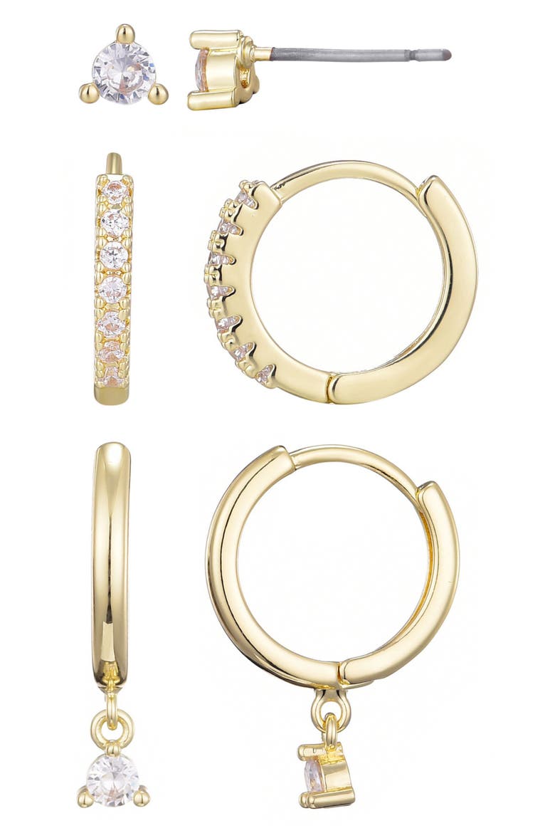 Set of 3 Cubic Zirconia Stud & Huggie Hoop Earrings, Main, color, GOLD