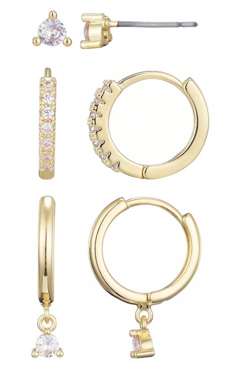 Set of 3 Cubic Zirconia Stud & Huggie Hoop Earrings