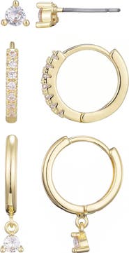 Adornia Set of 3 Cubic Zirconia Stud & Huggie Hoop Earrings