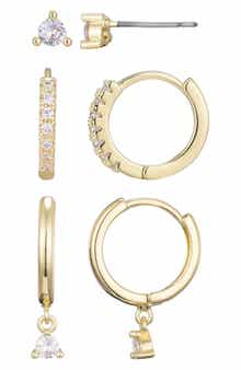 Adornia Set of 3 Cubic Zirconia Stud & Huggie Hoop Earrings