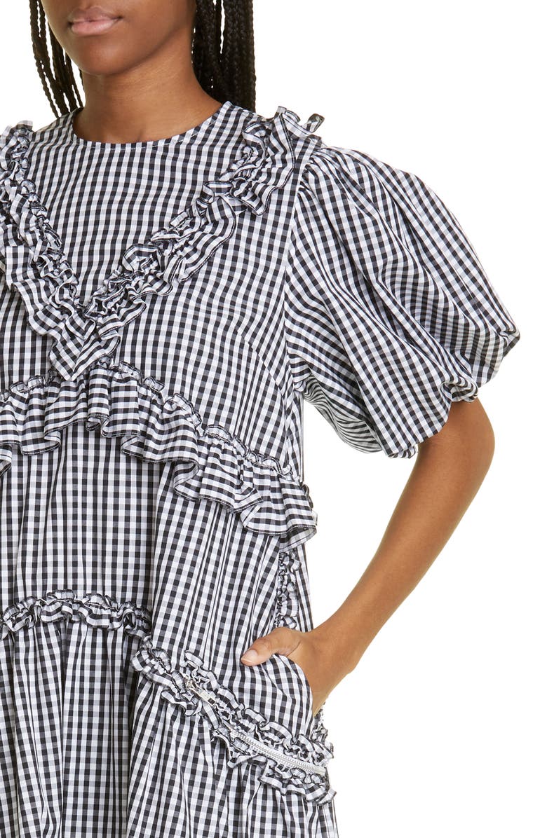 Simone Rocha Puff Sleeve Ruffle Trim Gingham Check Midi Dress, Alternate, color, 