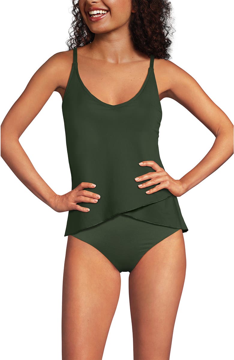 Lands' End D-Cup Chlorine Resistant V-Neck Tulip Hem Tankini Swimsuit Top with Adjustable Straps, Alternate, color, Rich Olive Green