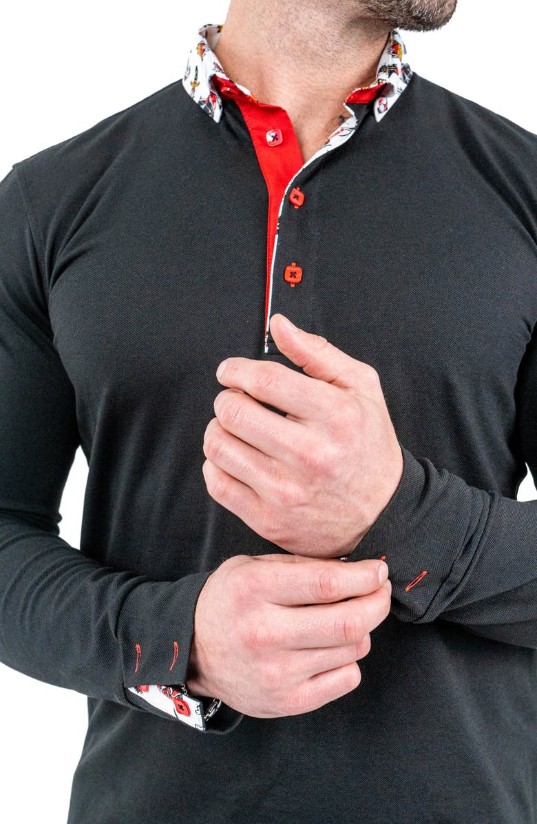 Maceoo Newton Solid Tattoo Print Accent Long Sleeve Cotton Polo, Alternate, color, 