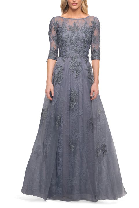 Lace and Tulle A-line Gown with Three Quarter Sleeves