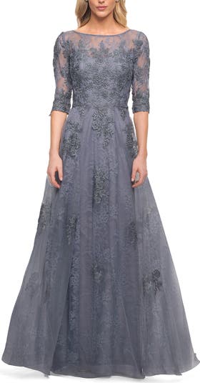 La Femme Lace and Tulle A-line Gown with Three Quarter Sleeves