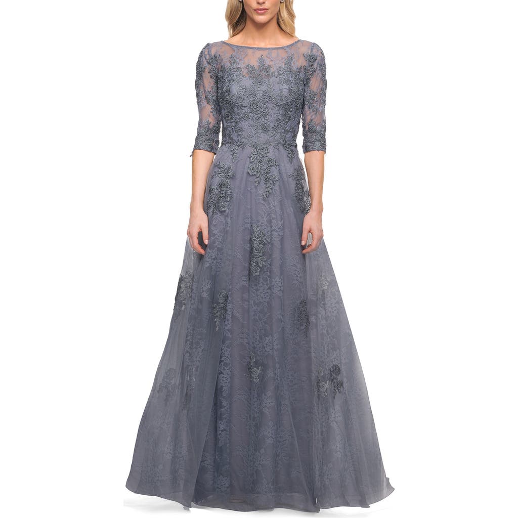 La Femme Lace And Tulle A-line Gown With Three Quarter Sleeves In Slate