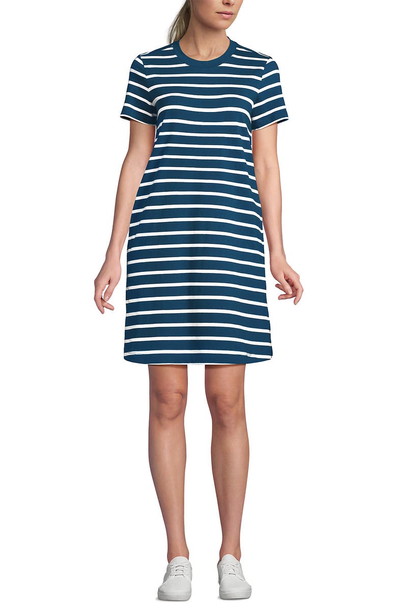 Lands' End Cotton Jersey Crew Neck T Shirt Dress, Main, color, Baltic Teal Spaced Stripe