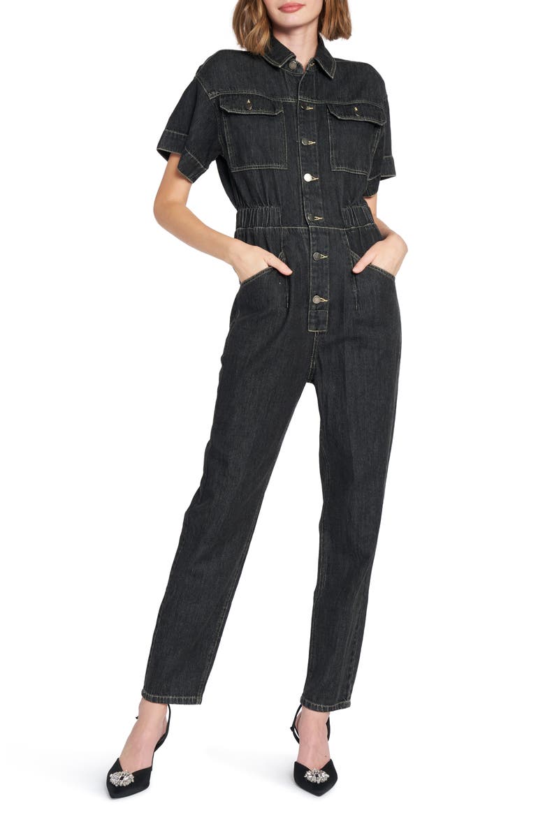 Short Sleeve Cotton Denim Jumpsuit, Main, color, BLACK