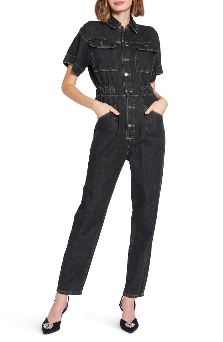 En Saison Short Sleeve Cotton Denim Jumpsuit, Main, color,