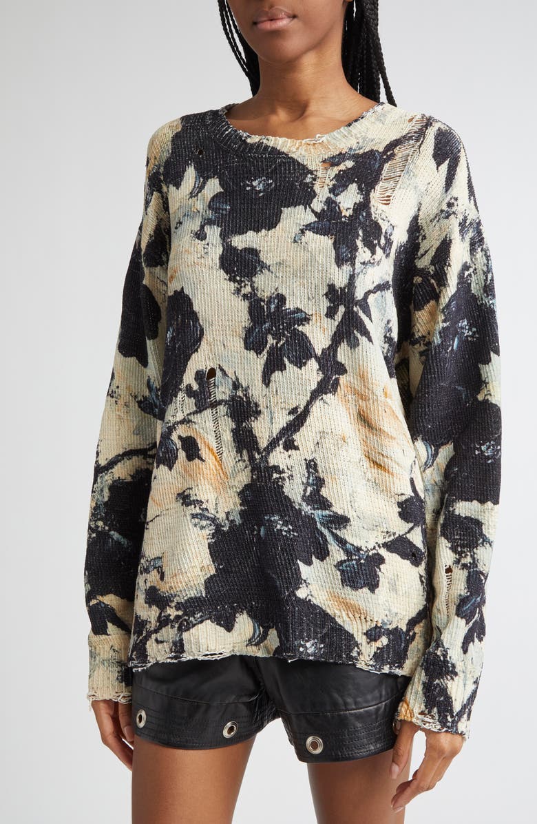 R13 Distressed Floral Cotton Sweater, Alternate, color, Black And Cream Floral