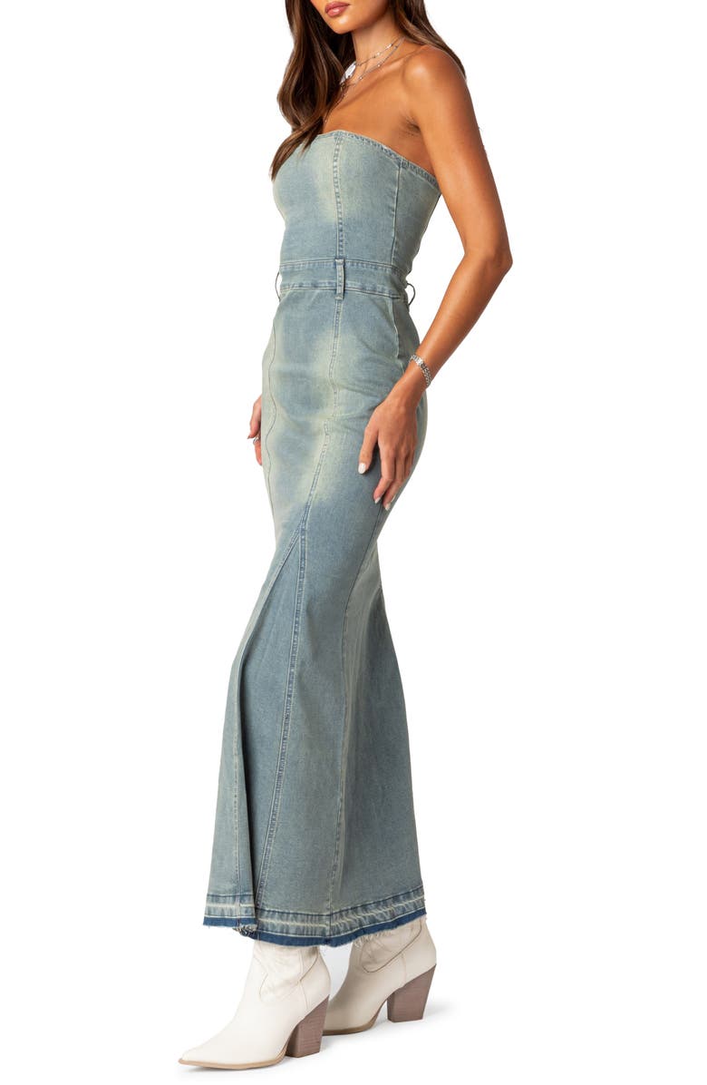 EDIKTED Astoria Strapless Release Hem Denim Maxi Dress, Alternate, color, Blue-Washed