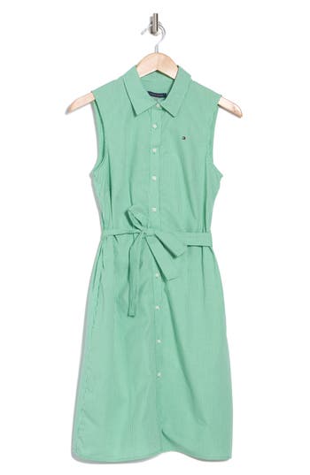 Tommy Hilfiger Micro Check Sleeveless Cotton Shirtdress In Fern Green/bright White