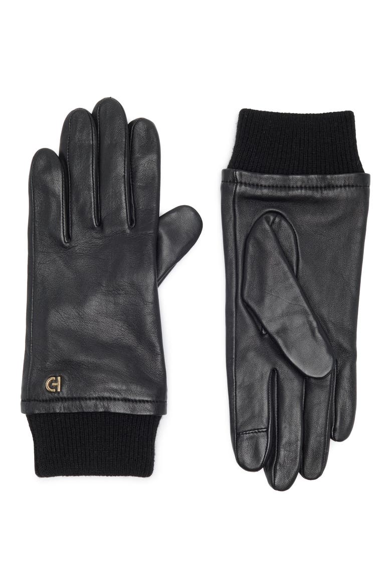 Leather Knit Cuff Gloves, Main, color, CAVIAR