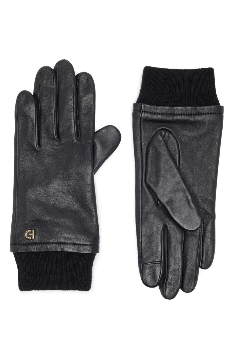 Cole Haan Leather Knit Cuff Gloves, Main, color,