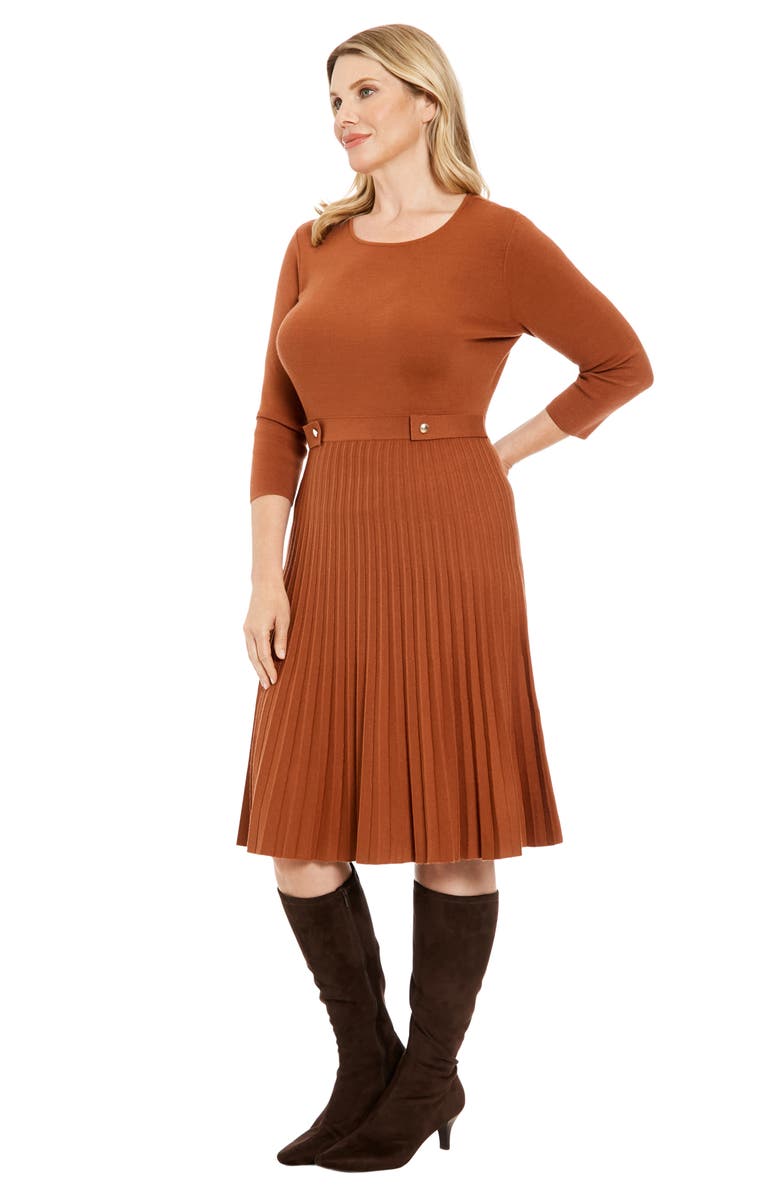 London Times Long Sleeve Pleated Flare Skirt Dress, Alternate, color, Brown