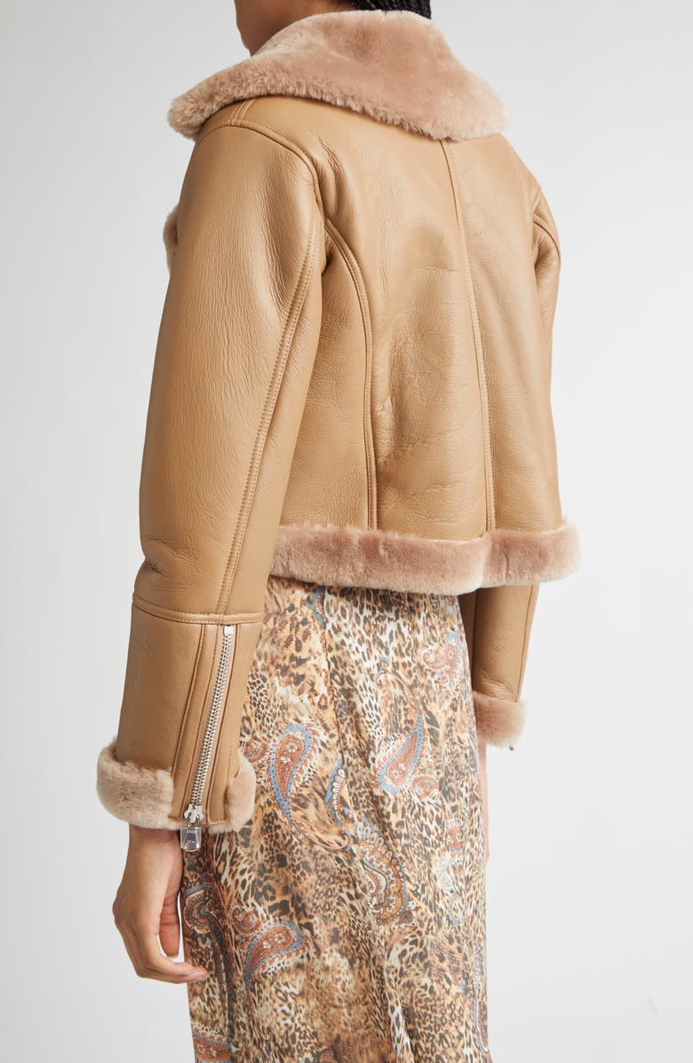 L'AGENCE Pike Leather & Genuine Shearling Crop Jacket, Alternate, color, Chanterelle