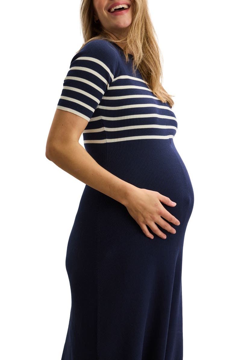 HATCH Collection The Kaitlyn Cotton Rib Maternity Dress, Alternate, color, Navy/White Stripe