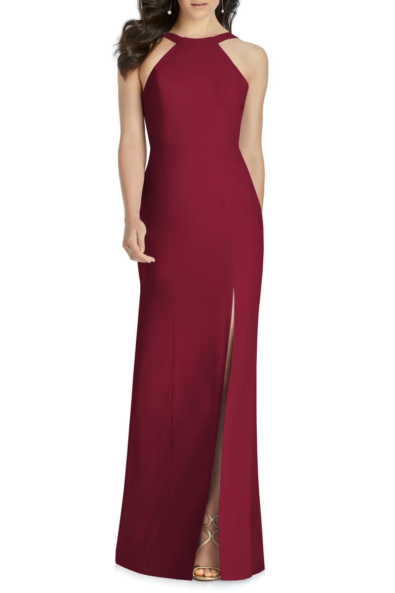 Cutaway Shoulder Crepe Column Gown, Main, color, BURGUNDY