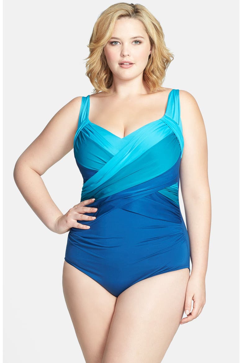 Badgley Mischka Ombré Shirred Maillot Swimsuit, Main, color, BLUE GROUP