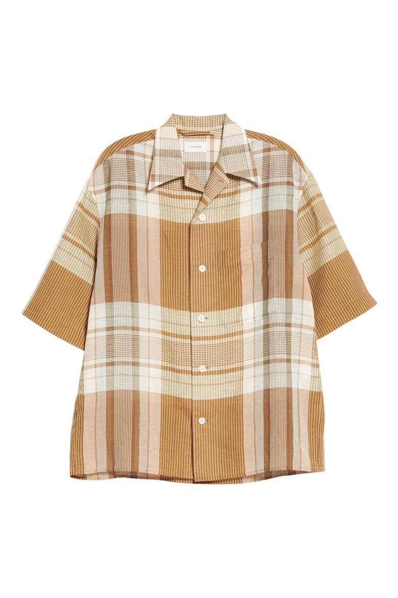 Plaid Cotton & Linen Button-Up Camp Shirt, Alternate, color, 125 LIGHT YELLOW W/ LIGHT BLUE
