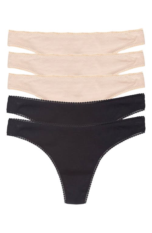 On Gossamer 5-Pack Cabana Stretch Cotton Hip-G Thongs in Black/Champagne 