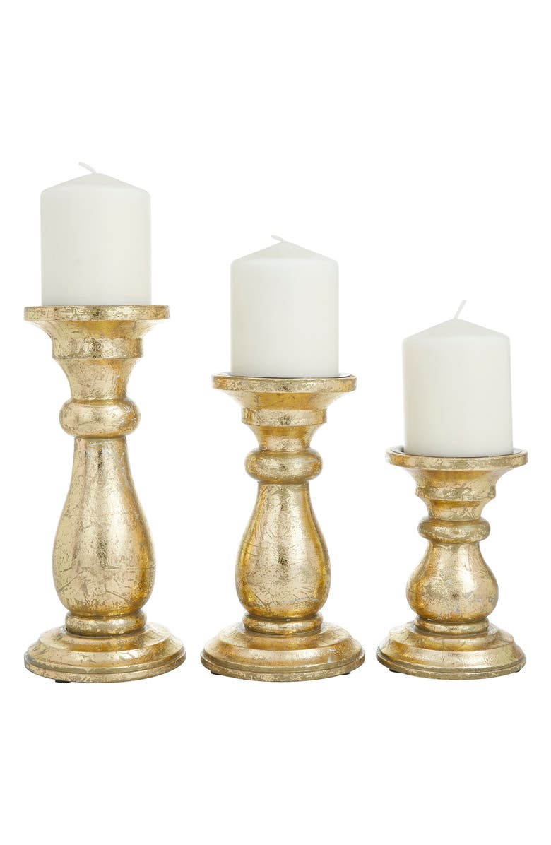 VIVIAN LUNE HOME Goldtone Mango Wood Turned Style Pillar Candle Holder - Set of 3, Alternate, color, Gold